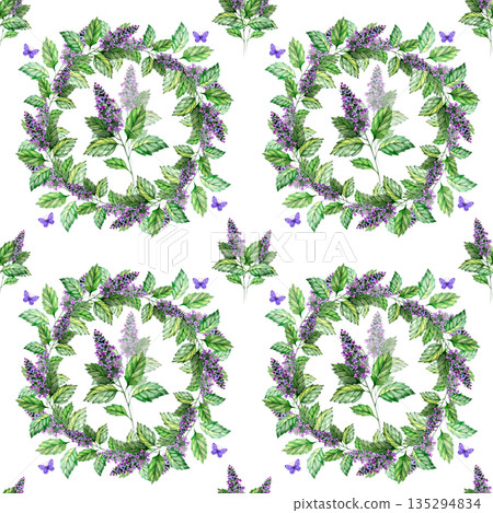 Seamless watercolor pattern featuring patchouli leaves and small purple patchouli flowers. Hand painted herbal botanical illustration with natural aromatic mood, perfect for eco design, wellness 135294834