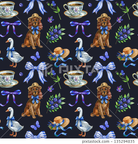 Seamless watercolor illustration pattern with cottagecore elements: cute dog, goose, bows, hats, teacups, butterflies, and blueberry branches. Perfect for textiles, wallpapers, wrapping paper, and Seamless watercolor illustration pattern with cottagecore elements: cute dog, goose, bows, hats, teacups, butterflies, and blueberry branches. Perfect for textiles, wallpapers, wrapping paper, and 135294835