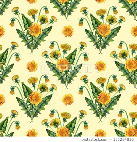 Seamless watercolor illustration pattern with vibrant yellow dandelions and lush green leaves. Botanical floral design perfect for spring textiles, wrapping paper, stationery, and decorative surface Seamless watercolor illustration pattern with vibrant yellow dandelions and lush green leaves. Botanical floral design perfect for spring textiles, wrapping paper, stationery, and decorative surface 135294836