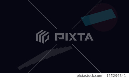 Dark abstract background with one tilted blue rectangle overlapping a translucent circle and jagged black structure at the bottom corner. 135294841