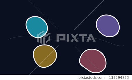 Four colorful irregular blobs teal, purple, gold, and maroon float against a dark background, outlined in white with a central curving line. Four colorful irregular blobs teal, purple, gold, and maroon float against a dark background, outlined in white with a central curving line. 135294853