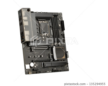 Close-up ATX motherboard showing components, connectors, and circuit design. Isolated on white background. Close-up ATX motherboard showing components, connectors, and circuit design. Isolated on white background. 135294955