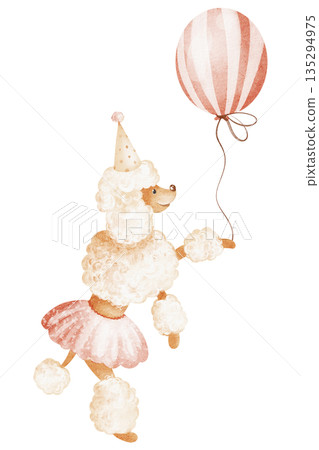 Circus Poodle Balancing On Ball With Balloon 135294975