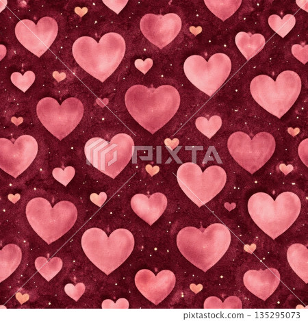 A seamless watercolor pattern featuring soft pink hearts scattered across a deep burgundy textured background with subtle sparkles A seamless watercolor pattern featuring soft pink hearts scattered across a deep burgundy textured background with subtle sparkles 135295073