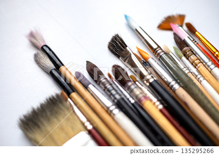 Watercolor brushes set, art supplies collection for painting with water colors, different sizes and shapes Watercolor brushes set, art supplies collection for painting with water colors, different sizes and shapes 135295266