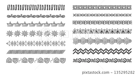 Set african tribal ethnic border, divider doodle hand drawn from geometrical shapes isolated. Boho motif scandinavian srtoke, traditional native decor. Set african tribal ethnic border, divider doodle hand drawn from geometrical shapes isolated. Boho motif scandinavian srtoke, traditional native decor. 135295282