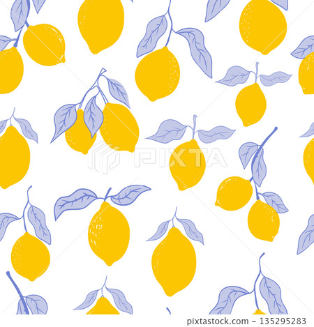 Cute coquette print lemon pattern, bow, stripes. Floral trellis citrus bg, background. Lemon with leaves, lemon slice, part. 135295283