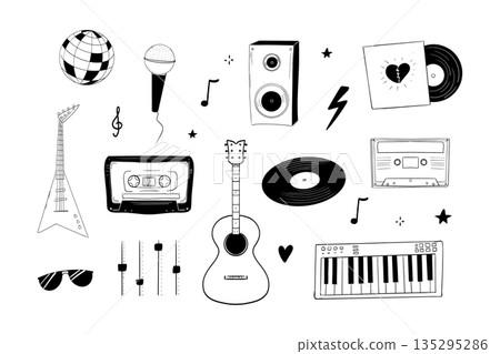 Music retro doodle set punk rock grunge design elements. Vintage sound vinyl, player, cassette tape, instruments, disco and rock. Music retro doodle set punk rock grunge design elements. Vintage sound vinyl, player, cassette tape, instruments, disco and rock. 135295286