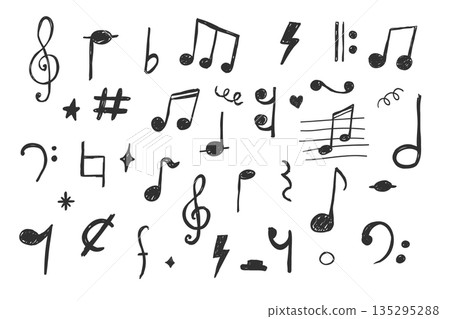 Music notes crayon chalk pencil elements in sketch style. Grunge texture. Whimsical music symbols, signs design element. Border  135295288