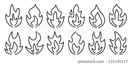 Black line fire and flame icon set, monochrome outline vector signs. Simple bonfire cliparts in different shapes, minimalistic linear doodles, pictograms 135295317