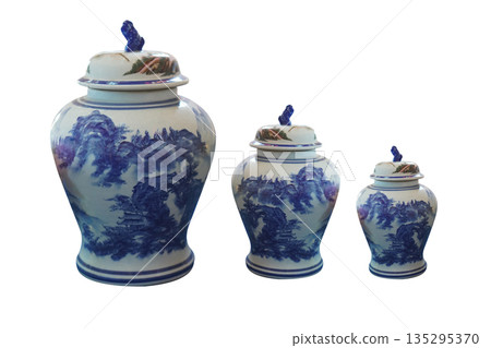 beautiful three white and blue ceramic lid on vases on isolated background, object, decor, retro, vintage, fashion, copy space beautiful three white and blue ceramic lid on vases on isolated background, object, decor, retro, vintage, fashion, copy space 135295370