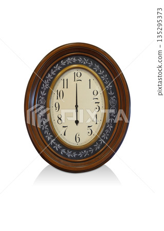 front view Antique brown and gold wooden color wall clocks on white background,object background, technology, decor, ancient, old, fashion, copy space 135295373