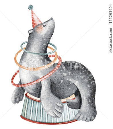 Seal Juggling Hoops On Podium Circus Animal Illustration Seal Juggling Hoops On Podium Circus Animal Illustration 135295404