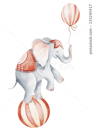 Circus Elephant Balancing On Ball With Balloon 135295417