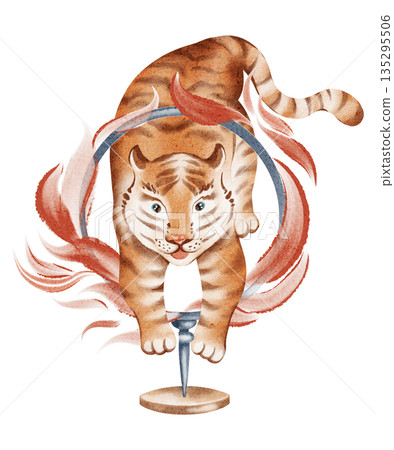 Circus Tiger Jumping Through Fire Watercolor Illustration 135295506