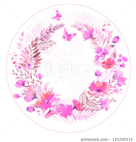 Round frame watercolor with pink flowers. hand drawn. Not AI, Vector illustration Round frame watercolor with pink flowers. hand drawn. Not AI, Vector illustration 135295515