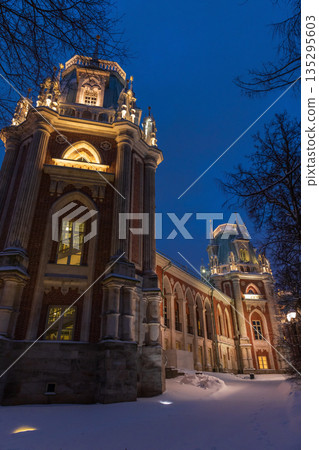 Vertical photography featuring Tsaritsyno Grand Palace exterior on a winter night 135295603