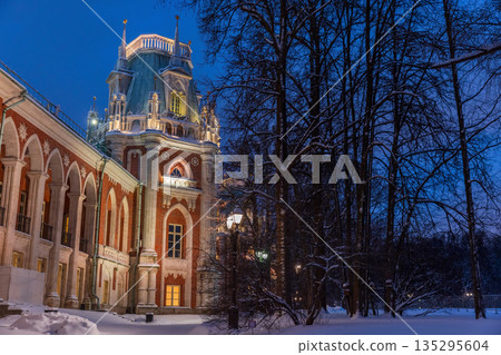 Illuminated Tsaritsyno Grand Palace exterior on a winter night 135295604