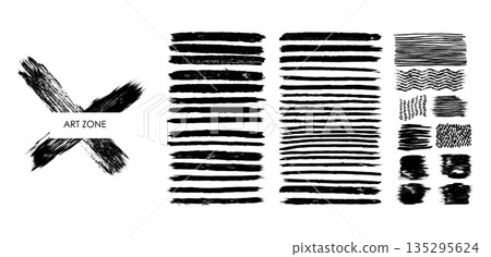 Japanese red ink brushstroke vector pack paint strips, circles, frames and texture highlights. 135295624