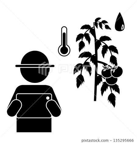 智慧農業圖示：一位番茄種植者正在使用平板電腦控制溫度和濕度。 135295666