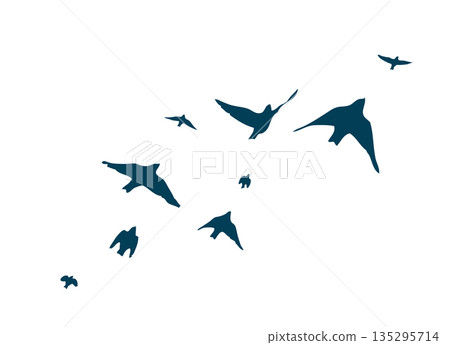 Flying birds silhouette flock. hand drawing. Not AI. Vector illustration 135295714