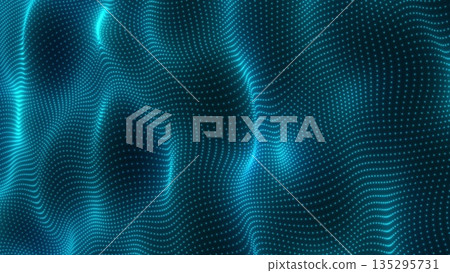 Futuristic glowing landscape of blue dots forming a wavy grid 135295731