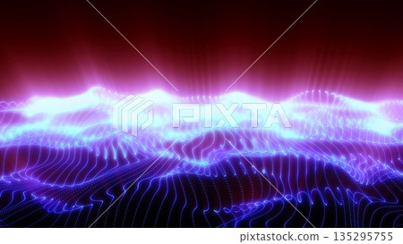 Purple energy waves from particle dots and stripe lines glowing futuristic beautiful and sunrise beams shining Purple energy waves from particle dots and stripe lines glowing futuristic beautiful and sunrise beams shining 135295755
