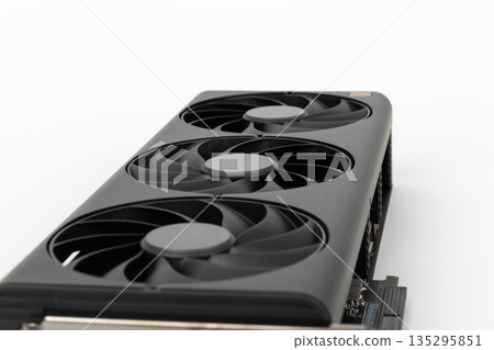 Close up of fan 2,5 slot graphics card for creators and gamers for desktop PC, on white background Close up of fan 2,5 slot graphics card for creators and gamers for desktop PC, on white background 135295851