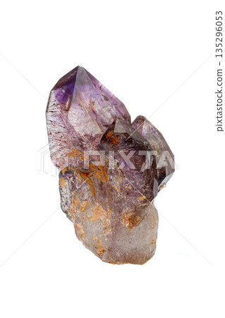 macro mineral stone Amethyst on smoky quartz on a white background 135296053