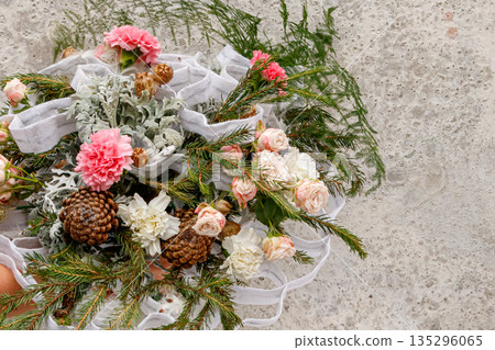 Christmas composition of flowers and Christmas decorations Christmas composition of flowers and Christmas decorations 135296065