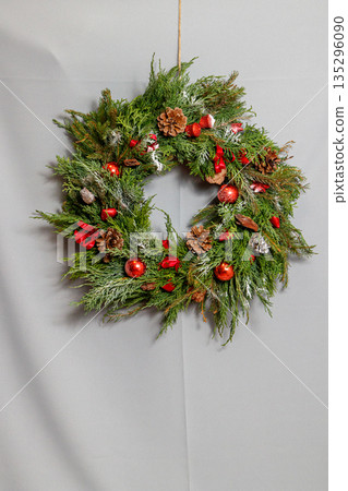 Christmas composition. Wreath of Christmas tree branches Christmas composition. Wreath of Christmas tree branches 135296090