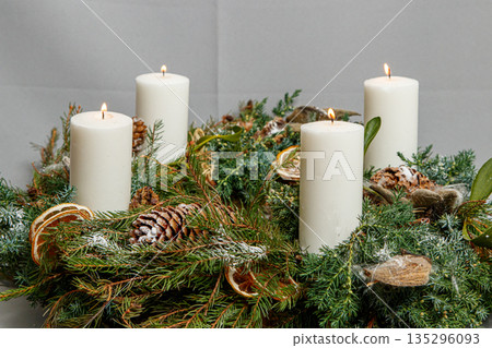 Christmas composition of flowers and Christmas decorations 135296093