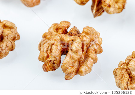 macro juglandaceae nuts, walnut on a white background 135296128