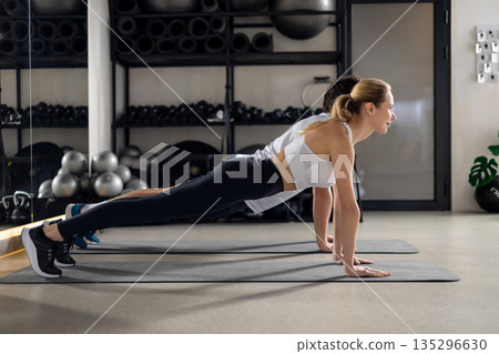 Two people having a workout in gym and standing in plank 135296630