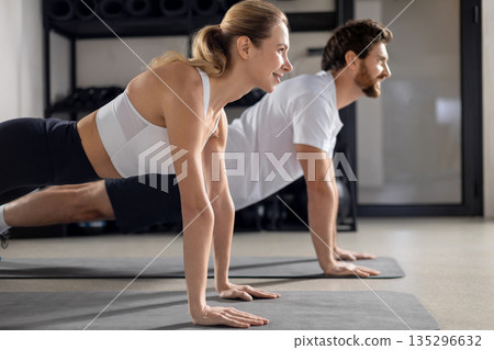 Two people having a workout in gym and standing in plank 135296632
