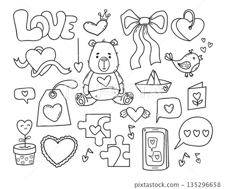 Outline Love Doodle. Valentines Day Set. Isolated Teddy Bear Toy, Romantic Love Symbols, Speech Bubbles and Heart. Comprehensive Black Hand Drawn Elements. Vector Illustration. Not AI 135296658