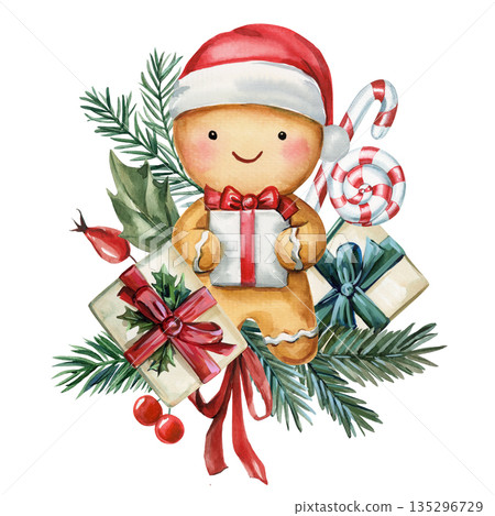 Gingerbread man with candy cane lollipop and wrapped gifts watercolor clipart for festive greeting cards and packaging Gingerbread man with candy cane lollipop and wrapped gifts watercolor clipart for festive greeting cards and packaging 135296729