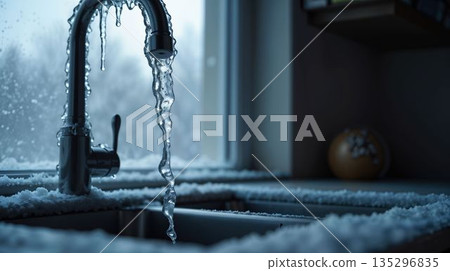Frozen kitchen faucet with icicles inside a cold house 135296835