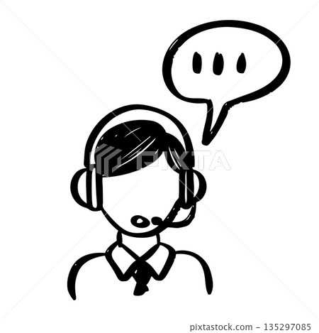 Customer Service Representative Hand Drawn Illustration, Support Agent with Headset and Speech Bubble Doodle Icon. 135297085