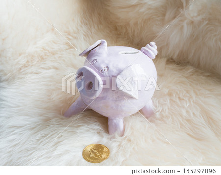 Finance concept. Piggy bank and bitcoin Finance concept. Piggy bank and bitcoin 135297096