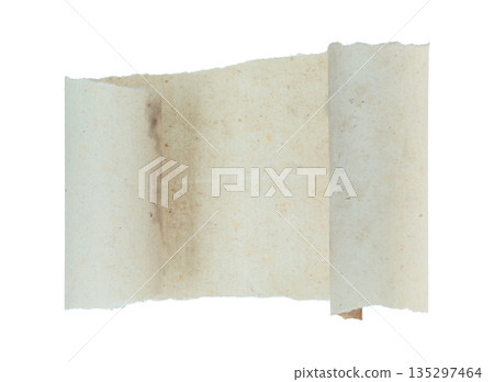 Torn ancient paper sheet with curled edges and flat center, isolated on transparent background. Vintage textured parchment with copy space for historical, classic, or editorial design 135297464