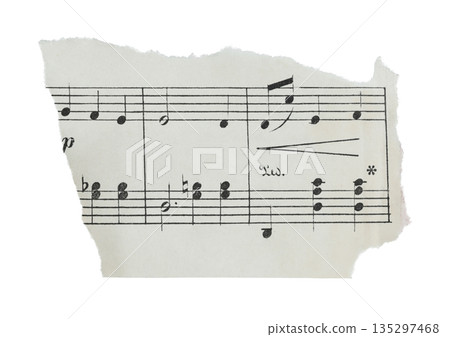 Small torn fragment of antique musical sheet isolated on transparent background. Vintage music paper detail suitable for design, collage, education, history, and creative layouts 135297468