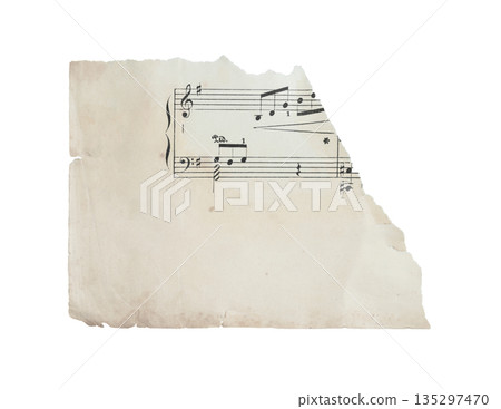 Small torn fragment of antique musical sheet isolated on transparent background. Vintage music paper detail suitable for design, collage, education, history, and creative layouts 135297470
