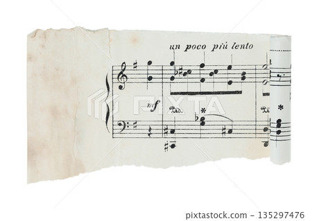 Unfolded torn fragment of antique sheet music with one curled edge and one straight edge, isolated on transparent background for banner and vintage design use Unfolded torn fragment of antique sheet music with one curled edge and one straight edge, isolated on transparent background for banner and vintage design use 135297476