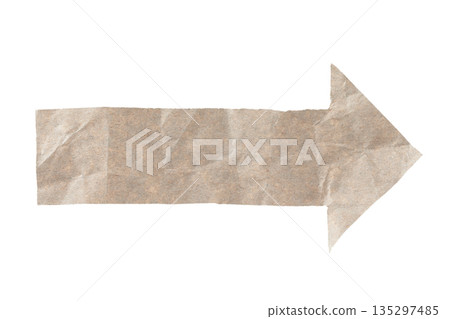 Crumpled kraft paper arrow isolated on transparent background. Handmade paper element for design, banners, navigation, and creative layouts with natural texture Crumpled kraft paper arrow isolated on transparent background. Handmade paper element for design, banners, navigation, and creative layouts with natural texture 135297485