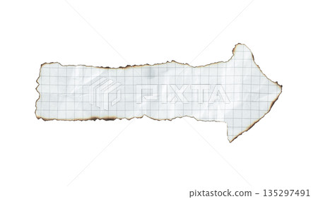 Crumpled and burnt notebook paper arrow isolated on transparent background. Handmade distressed paper element for design, banners, and creative projects 135297491