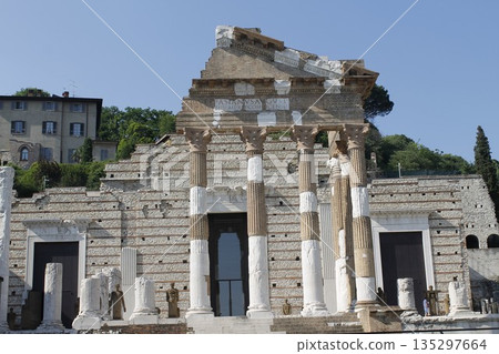 Ruins of the roman temple called Capitolium or Tempio Capitolino in Brescia in italy 135297664