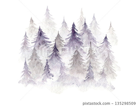 Light misty purple and gray gradient watercolor illustration of textured coniferous fir forest. Evergreen watercolour pine trees landscape print for winter Christmas design, poster, sticker Light misty purple and gray gradient watercolor illustration of textured coniferous fir forest. Evergreen watercolour pine trees landscape print for winter Christmas design, poster, sticker 135298509