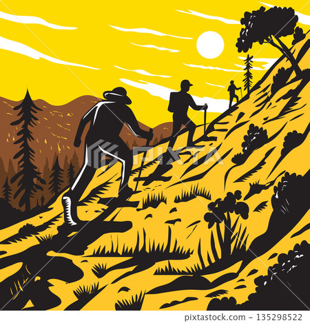 Hikers Taking the Mist Trail in Yosemite National Park Woodcut WPA Retro Style 135298522