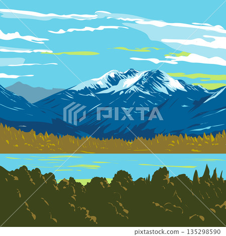 Murchison Mountains in Fiordland National Park New Zealand WPA Poster Art 135298590